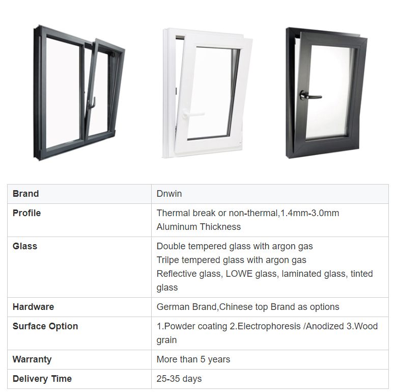 Modern Style Simple Design Aluminium Triple Glazing Glass Narrow Frame Tilt and Turn Windows